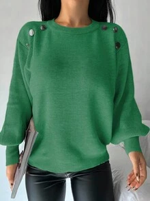 EURMUSE Button Detail Lantern Sleeve Sweater - Army Green - View 5