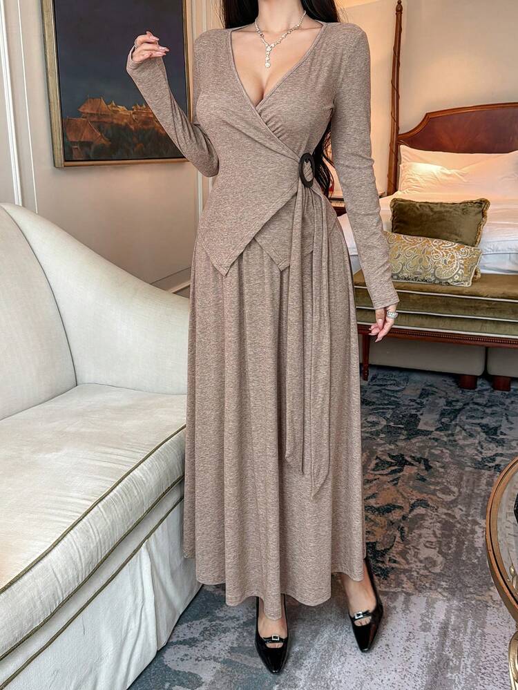 Women's Fashionable Sexy Deep V Neck Long Sleeve Top & Skirt 2 Pieces Set