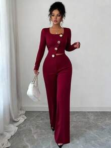 Elenzga 女士优雅办公室通勤下午茶派对不对称下摆长袖西装外套和松紧腰裤两件套西装套装，秋冬 - 酒紅色 - 查看 4