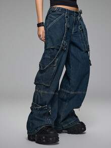 ROMWE Grunge Punk Quần jean ống rộng cạp thấp dáng rộng phong cách Punk Retro Cargo của Kpop - Màu xanh lam - Xem 4