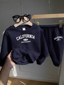 SHEIN 秋冬款男童休闲字母印花卫衣和运动裤套装 - 寶藍色 - 查看 5