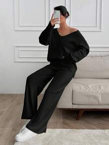 SHEIN Tall Tall Women V-Neck Oversize Sweater And Knit Pant Set - Black - View 9