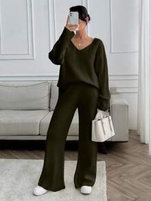 SHEIN Tall Tall Women V-Neck Oversize Sweater And Knit Pant Set - Army Green - View 8