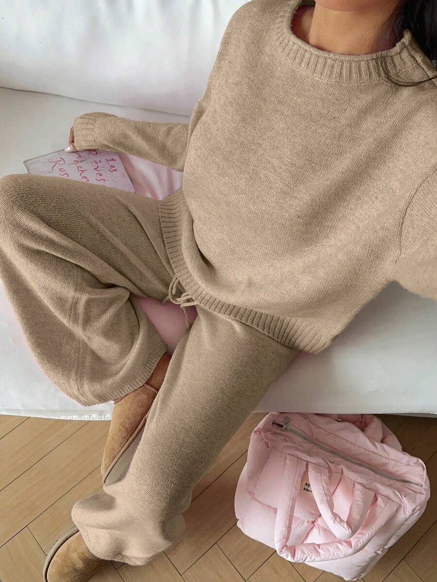 SHEIN Unity 2pcs Set Casual Solid Color Drop Shoulder Loose Knit Sweater And Pants, Autumn/Winter - Khaki - View 1