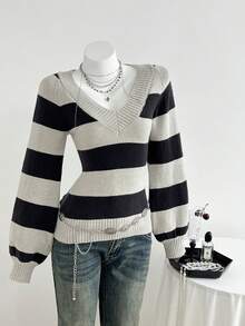 Elamini Women's Sexy Fitted V-Neck Striped Long Sleeve Sweater, Versatile - Multicolor - View 3