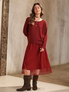 Wildy Women's Casual Commuting Simple Solid Ribbed Knit Drop Shoulder Loose Long Sleeve T-Shirt And Mesh Layered Skirt Set, Spring/Autumn - Burgundy - View 3