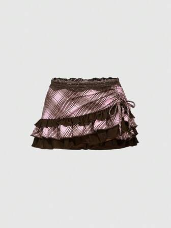 ROMWE Avant Gonna mini asimmetrica in stile retrò da college, con motivi in pizzo e patchwork