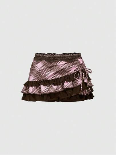 ROMWE Avant Gonna mini asimmetrica in stile retrò da college, con motivi in pizzo e patchwork