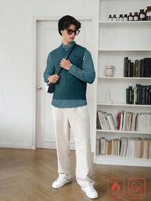 Manfinity CasualKnits Men's Casual Loose V-Neck Letter Embroidered Knitted Vest, Autumn/Winter - Royal Blue - View 6