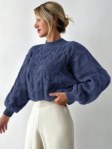 EURMUSE Women Simple Solid Color Casual Sweater, Suitable For Everyday Wear - Blue - View 3