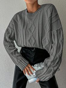 EURMUSE Damski sweter typu casual z okrągłym dekoltem i wzorem Twist w jednolitym kolorze - Ciemnoszary - Zobacz 5