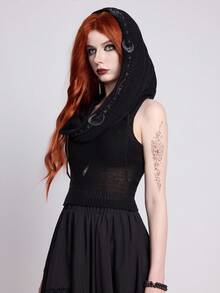 ROMWE EDITION Boho Goth Style Mystical Embroidered Hooded Cropped Tasseled Knitted Sweater For Women