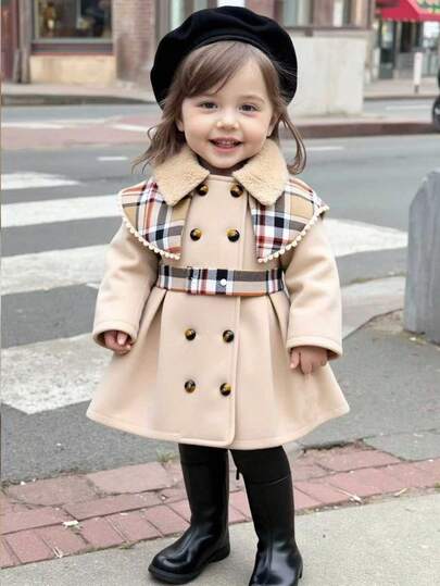 SHEIN Girls Autumn/Winter Double-Breasted Plaid Ruffle Fuzzy Collar Dress + Plaid Belt, Fashionable And Versatile Outerwear Dress