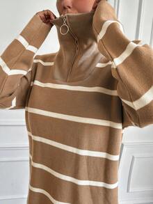 EURMUSE Vestido de punto con patrón de rayas de hombros caídos - Camel - Ver 3