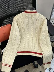 Resyla V 领圣诞红色撞色粗针织开衫，甜美学院风多色手工缝制纽扣毛衣外套，适合秋冬季 - 卡其色 - 查看 2