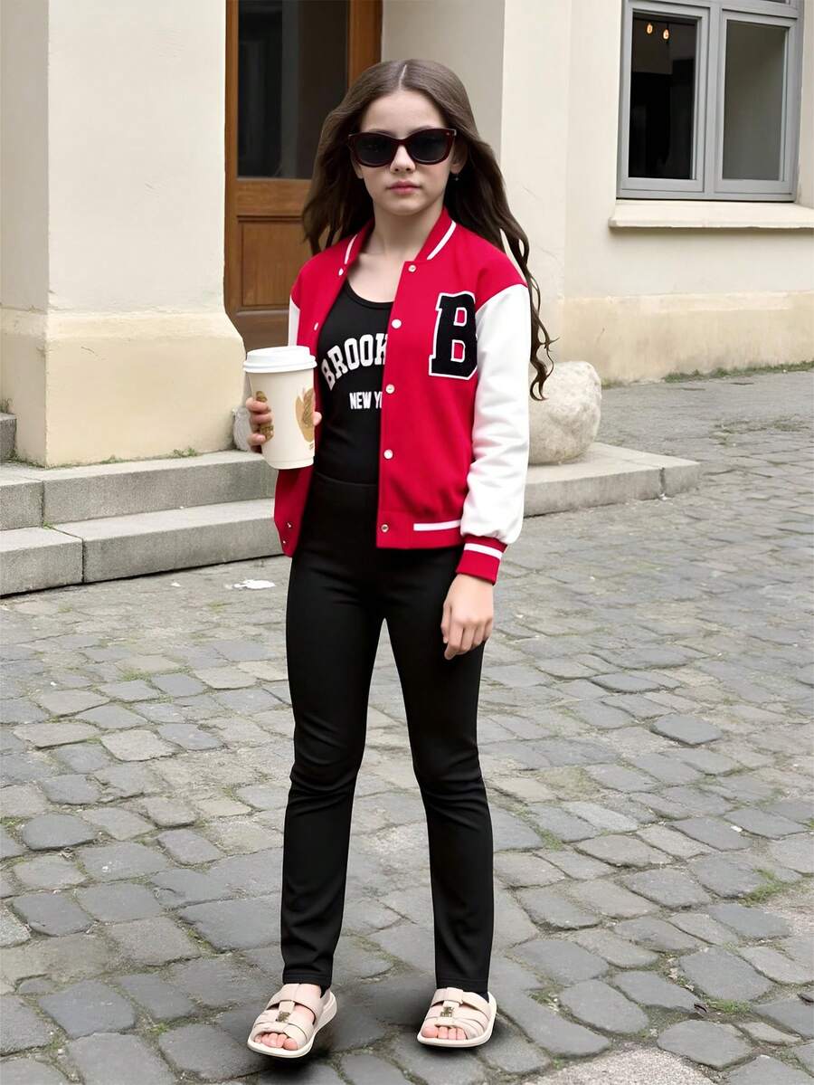 SHEIN 女童休闲时尚字母刺绣棒球夹克长袖上衣外套和字母印花针织吊带背心紧身裤休闲装 2 件套 - 紅色 - 查看 1