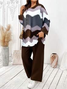EMERY ROSE Plus Size Double-Layer Collar Buttoned Top & Textured Wide-Leg Pants Set - Brown - View 3