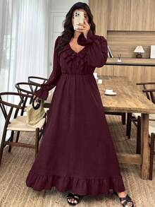Weeklong Plus Size Women Solid Color Ruffle Trim Front Tie Long Sleeve Elegant Dress - Burgundy - View 6