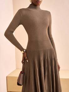 Zivah 2025秋冬新款 音乐节,复活节,圣帕特里克节,西部风,游牧风,生日派对,毕业典礼,日常休闲,百搭,休闲,邮轮旅行,海滩,日光浴,网络爆红,街头潮流,婚礼嘉宾,优雅,通勤,早午餐,机场,高领长袖A字褶皱连衣裙,咖啡色针织连衣裙 - 咖啡棕 - 查看 6