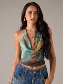 SHEIN BAE Áo hở lưng nhuộm loang màu gợi cảm thời trang nữ, mùa đông, mùa thu, Halloween, năm mới, lễ tạ ơn dành cho nữ, tiệc tùng, bãi biển, áo dễ thương - Nhiều màu - Xem 4