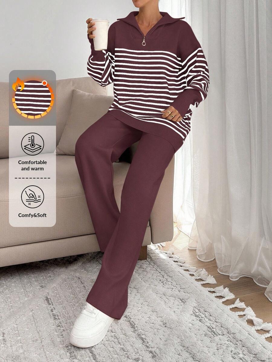 EURMUSE Women Stripe Pattern Zip Detailed Neck Drop Shoulder Pullover & Sweater Pants Set - Burgundy - View 1