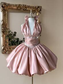 Lovelzi Elegant & Luxurious Light Pink Handmade Bow Ruffle Decor Cinched Waist Bubble Hem Dress, Suitable For Dates, Gatherings, Singles Parties, Music Festivals, Happy Holidays, Formal Occasions - Baby Pink - View 9