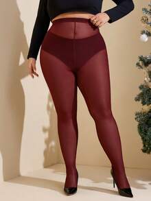 SHEIN CURVE+ Plus Size Burgundy, Cherry Red, Maroon Color Sheer Leggings, Tight Bodycon Leggings, Pantyhose, Fitted, Plain, Women's Basic, Western Women's, Summer, Tight, Easter, Spring, Mardi Gras/Mardi Gras, Valentine's Day, Valentine's Gifts, Sexy, Y2K, Fashionable, Rave, Music Festival - Red - View 3