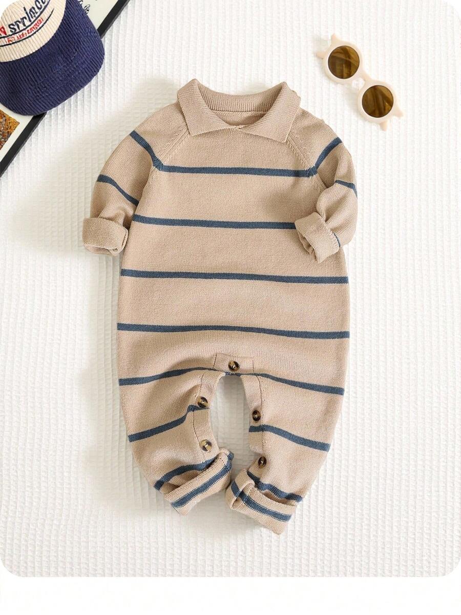 SHEIN 新生男婴/女婴条纹 Polo 领长袖连体衣，温暖时尚，适合秋冬季，幼儿园儿童毛衣 - 彩色 - 查看 1