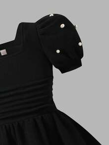 女童优雅纹理面料方领泡泡袖串珠高端针织连衣裙，红色，夏季新款 - 黑色 - 查看 3