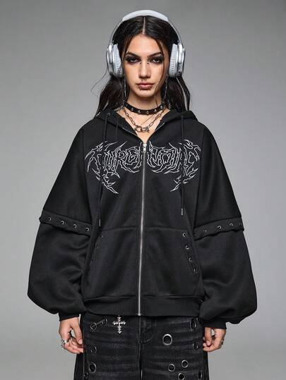 Grunge Punk هودي مزود بتفاصيل سحاب مع تفاصيل دانتيل