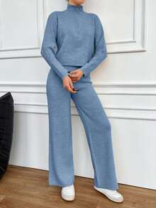 EURMUSE 2pcs Ladies' Solid Color Zip Front Long Sleeve Sweater And Knitted Long Pants Set - Dusty Blue - View 6