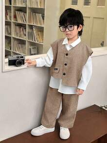 SHEIN 3 件套年轻男孩休闲、舒适、时尚的领衬衫、背心夹克和裤子套装，适合日常穿着、上学、旅行、运动、秋冬季