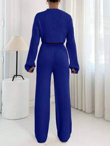 EURMUSE Women's Plain Drop Shoulder Long Sleeve Crop Top And Knitted Pants Casual Suit,Petite Co Ord Set,Petite Co Ord,Winter Co Ord Set,Co Ord,Loungewear Set,Petite,Winter Clothes - Blue - View 8