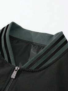 Manfinity Homme Plus Size Men's Striped Contrast Color Zipper Collar Casual Baseball Jacket, Autumn, Outdoor Windbreaker - Black - View 3