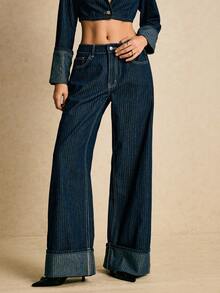 Poéselle 女士通勤时尚条纹阔腿牛仔裤，低腰宽松牛仔裤，新年卷边牛仔裤，冬季款 - 深色水洗藍 - 查看 3