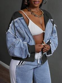 Slaydiva Áo khoác denim nữ có mũ trùm đầu, dây rút, khóa kéo, kiểu dáng thường ngày, đa năng. - Màu xanh lam - Xem 5