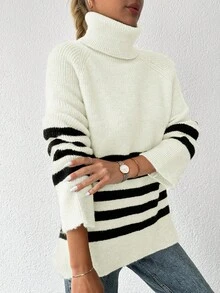 EURMUSE Women's Striped High Neck Raglan Sleeves Sweater - White - View 4