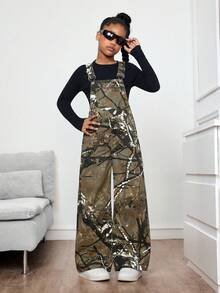 Peto vaquero de pierna ancha con bolsillo de camuflaje para niña preadolescente - Verde militar - Ver 2