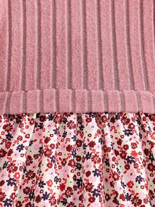 SHEIN Vintaside Kids 女童优雅玫瑰提花针织拼布花卉数码印花荷叶边领二合一连衣裙，秋季 - 粉色 - 查看 5