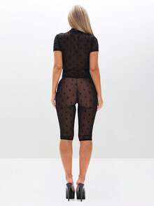 BABYPHAT Flocked Mesh High Neck Short Sleeve Sheer Overlay Top With Textured Detailing For Layered Looks - Black - View 7