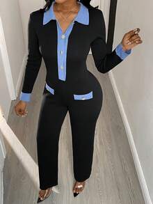 Rovax Women's Casual/Office Commute Contrast Color Half-Button Cardigan & Jumpsuit Set, Autumn/Winter - Black - View 3