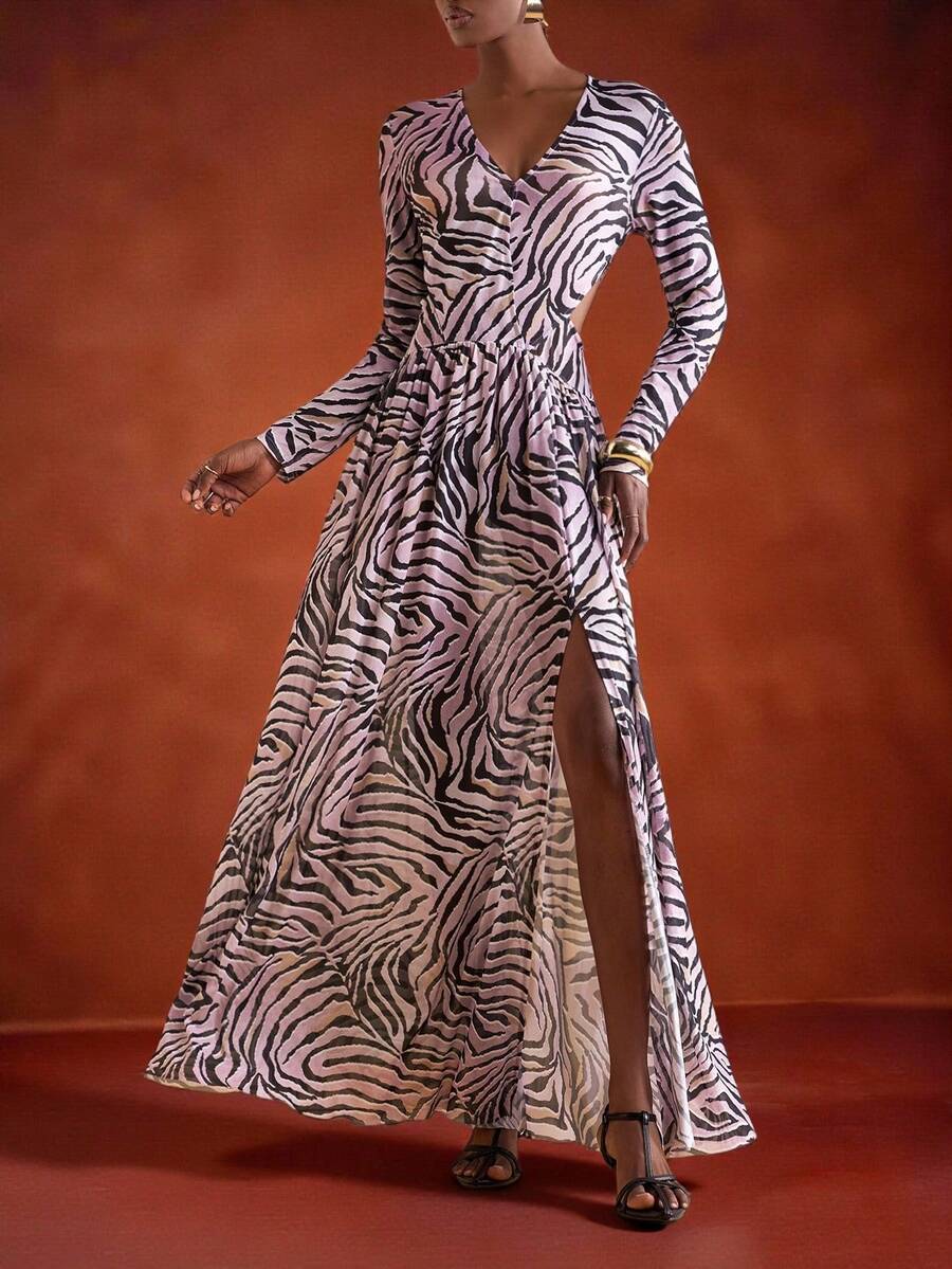 Zivah In Early Autumn And Winter 2025, New Styles For Birthday Parties, Graduation Season, Daily Outings, Basic, Versatile, Casual Vacation, Cruise Travel, Internet Celebrities, Popular, Casual, Elegant, Commuting, Casual, Street Parties, Sexy Deep V-Neck, Long Sleeves, Waist Cutouts, High Side Slits Reaching The Thighs, Pink, Black Zebra Print, Leopard Print, Net Print, Super Long Dress, A Swing Dress, Evening Dress, Women's Super Long Dress -A