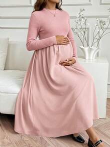 SHEIN 孕妇优雅纯色圆领舒适长袖连衣裙，秋季 - 粉色 - 查看 6