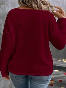 EMERY ROSE Autumn/Winter New Fashion Casual V-Neck Long Sleeve Burgundy Waffle Texture Fabric Plus Size T-Shirt - Burgundy - View 2