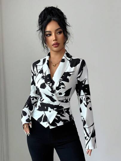 Elenzga Camisa casual con cinturón y estampado floral elegante para mujer, otoño