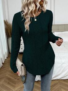EMERY ROSE Women's Elegant Solid Color Arched Hem Round Neck Long Sleeve Sweater, Autumn/Winter - Green - View 3