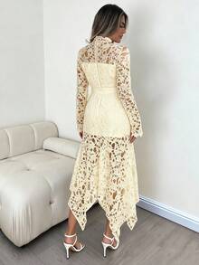 Lyxana Fashionable Sexy Casual Hollow Design Women's Stand Collar Long Sleeve Dress - Apricot - View 2