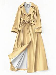 Franclia 大码女式纯色翻领长袖宽松休闲时尚PU皮风衣，秋季金色女式金色秋季女式婚礼带蝴蝶结金色大码风衣 - 金色 - 查看 1