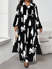 SHEIN Lady 春夏秋冬休闲优雅工作黑色梭织衬衫领主教袖口袋长袖大码西装春夏优雅通勤办公室大码西装女士夏装度假服装女士度假两件套西装，2件套夏装 - 彩色 - 查看 7