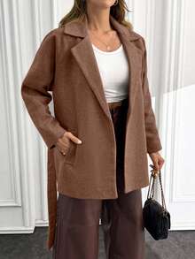 EURMUSE Women's Solid Belted Short Good Quality Elegant Wool Coat - Brown - View 5